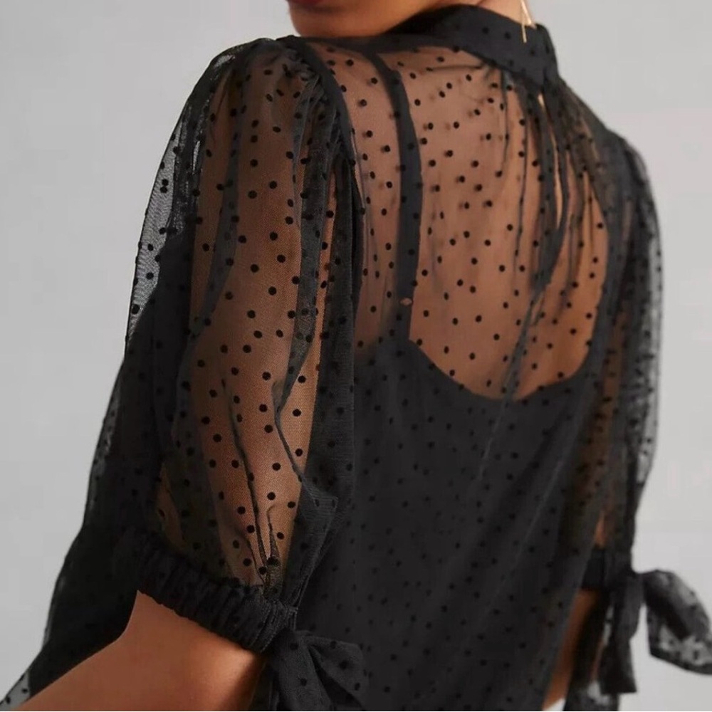Anthropologie Black Sheer Polka Dot Blouse - Picture 2 of 7